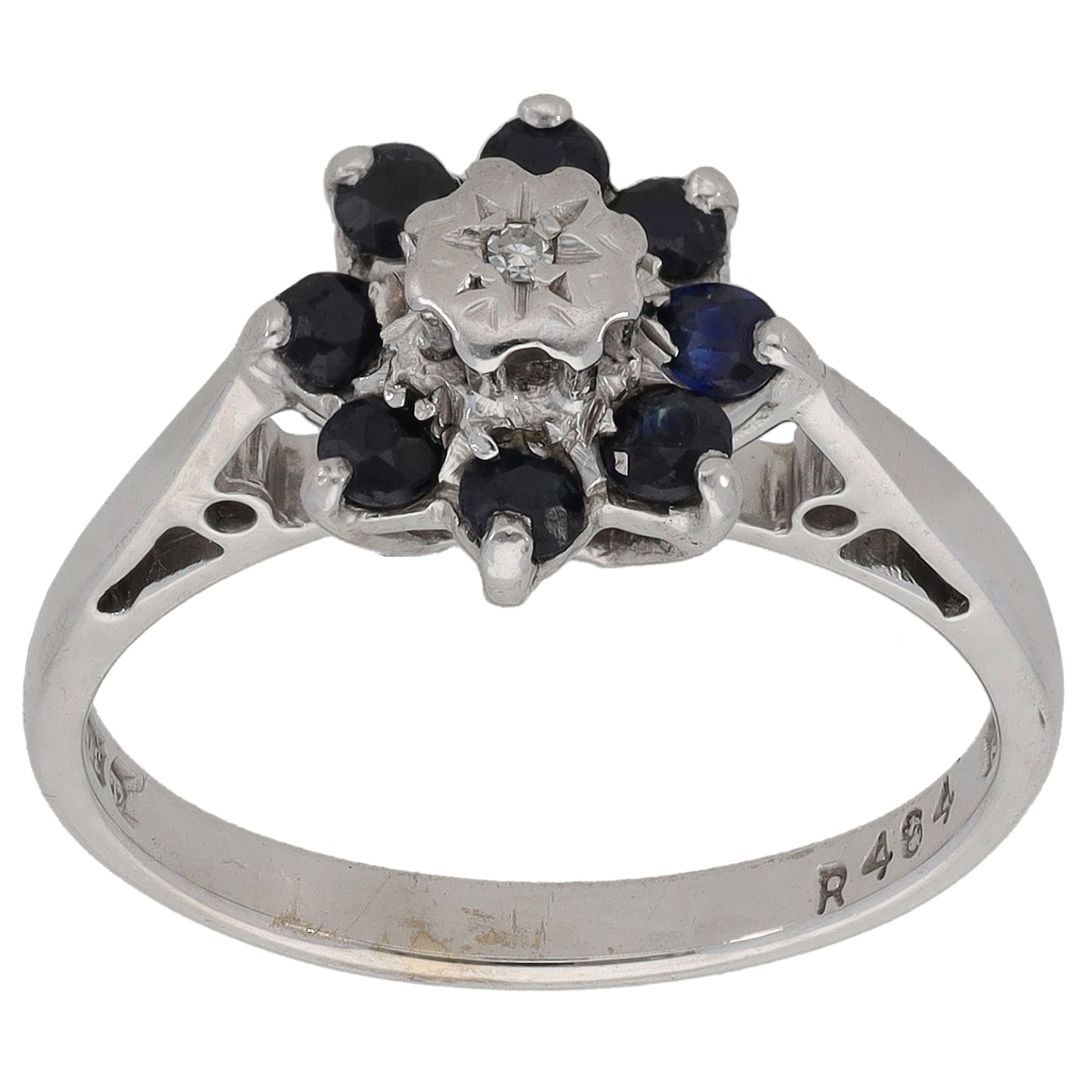 9ct White Gold Sapphire & 0.005ct Diamond Cluster Ring Size K