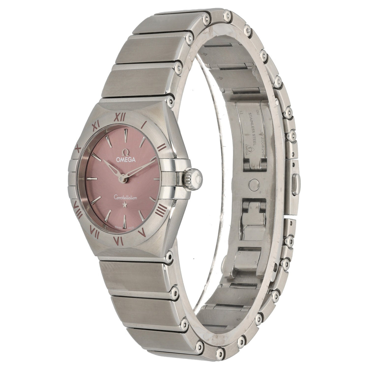Omega Constellation 131.10.28.60.11.001, pink dial with 28mm stainless steel case and bracelet, angled front image