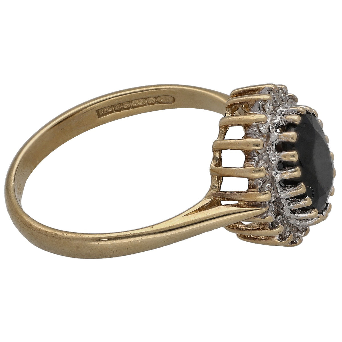 9ct gold ring profile with oval dark sapphire and round diamond halo, size M