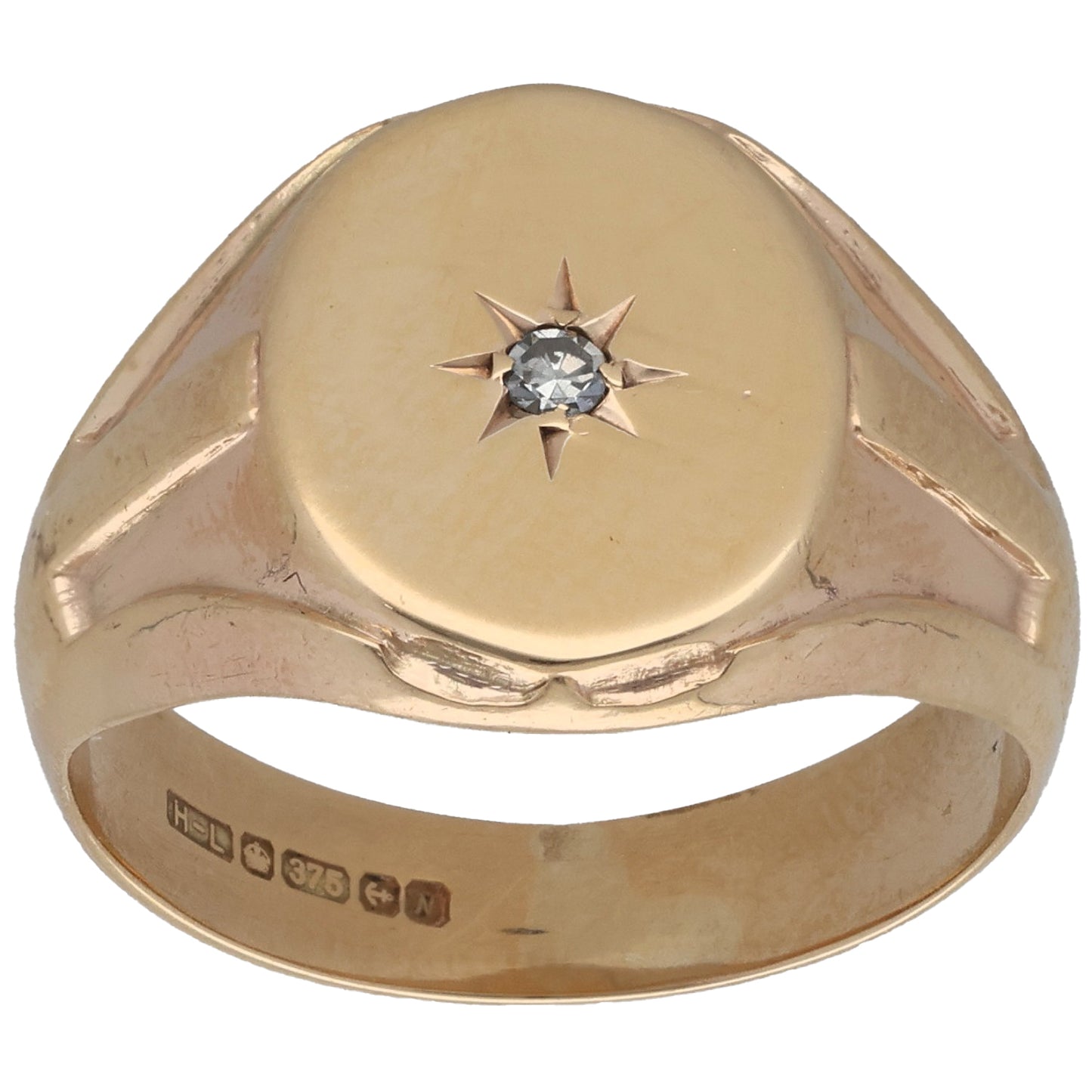 9ct Gold 0.03ct Diamond Single Stone Patterned Signet Ring Size Q