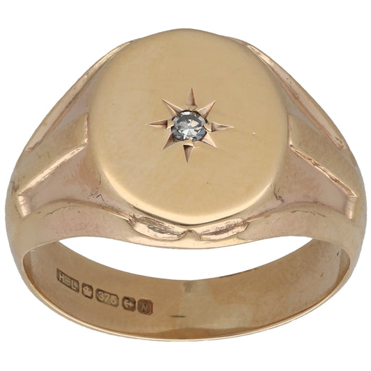 9ct Gold 0.03ct Diamond Single Stone Patterned Signet Ring Size Q
