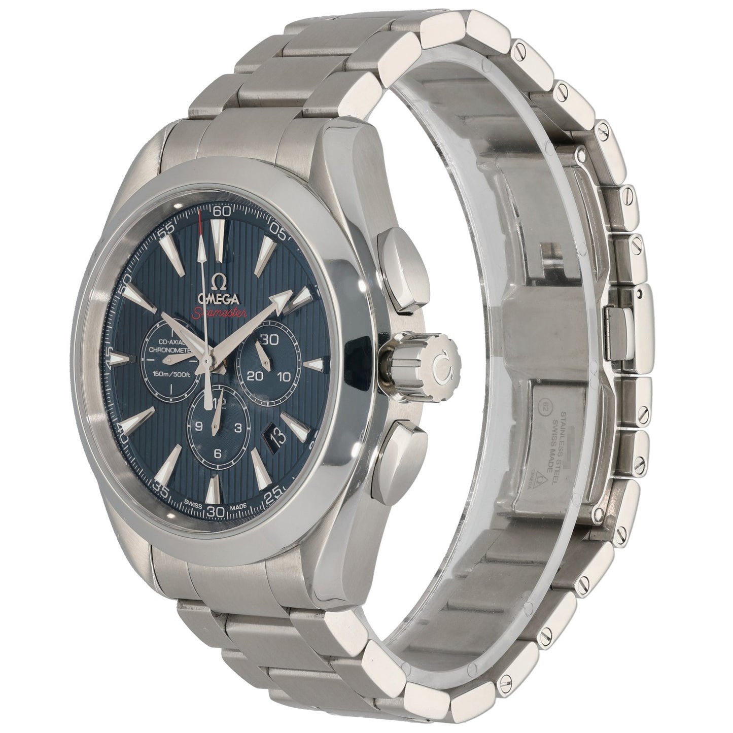 Omega Seamaster 522.10.44.50.03.001 44mm stainless steel chronograph watch with blue dial and linked metal bracelet, side view