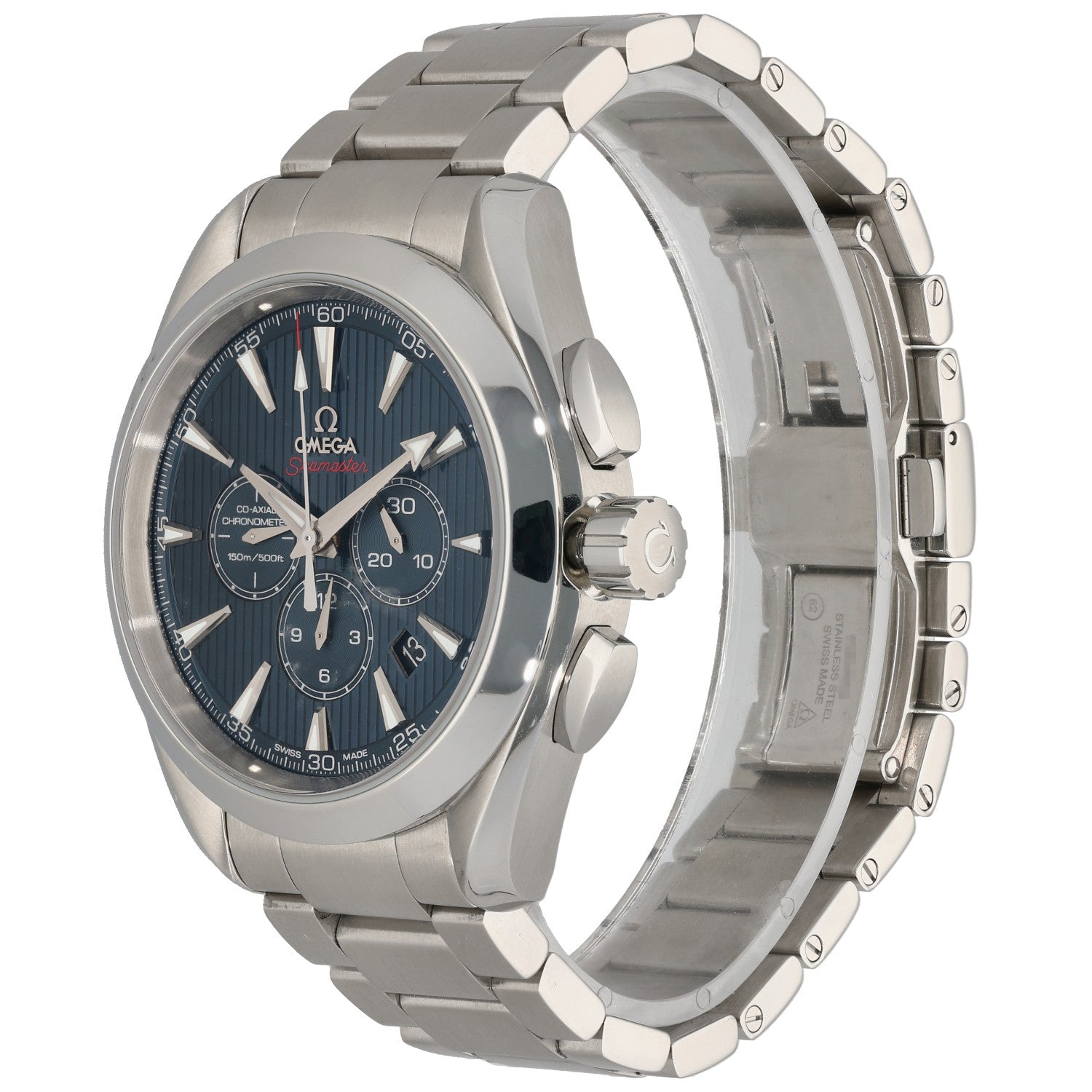 Omega Seamaster 522.10.44.50.03.001 44mm stainless steel chronograph watch with blue dial and linked metal bracelet, side view
