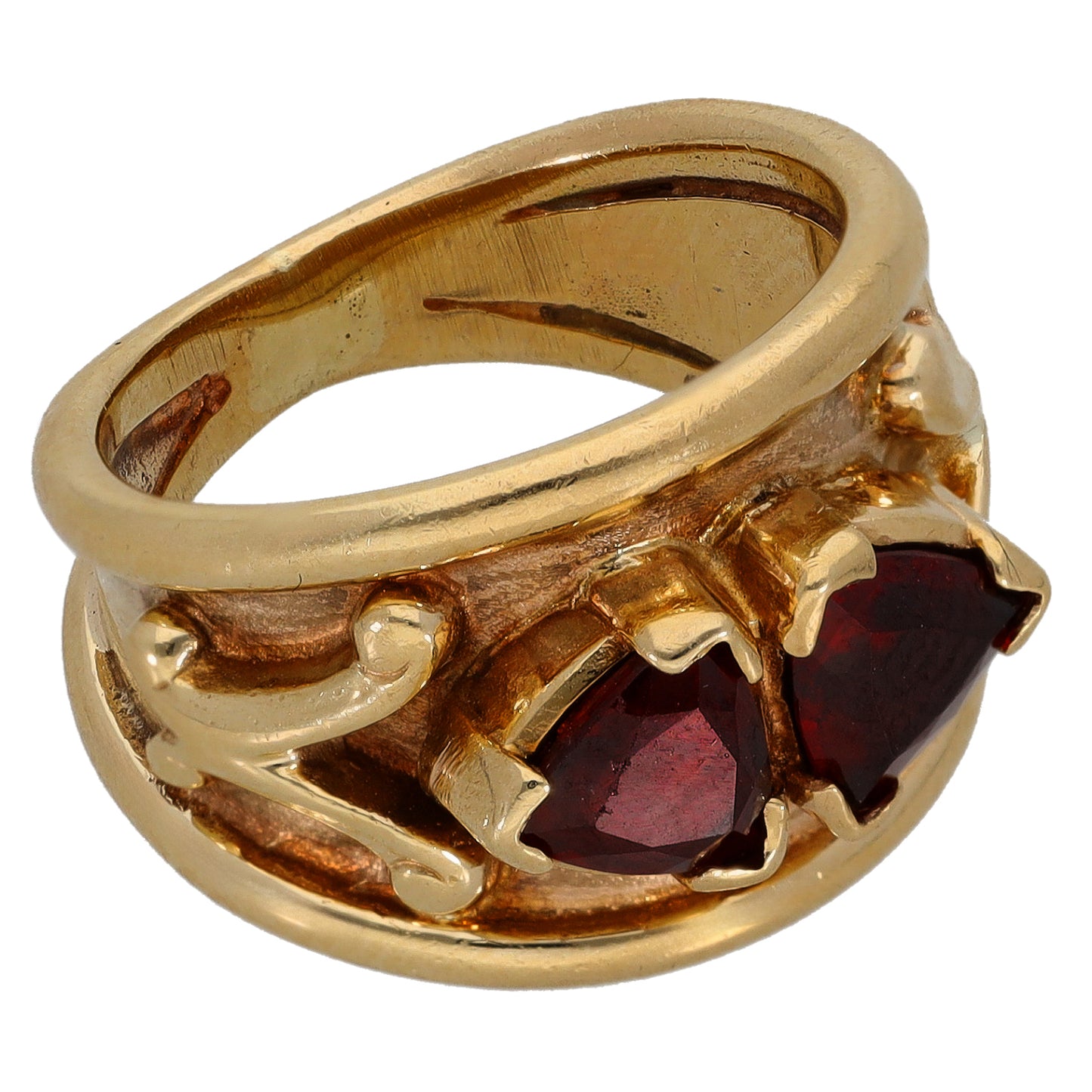 Gold garnet two-stone ring with dark-red marquise stones, openwork band, size K