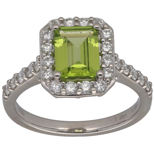 Platinum Peridot & 0.66ct Diamond Halo Ring Size N