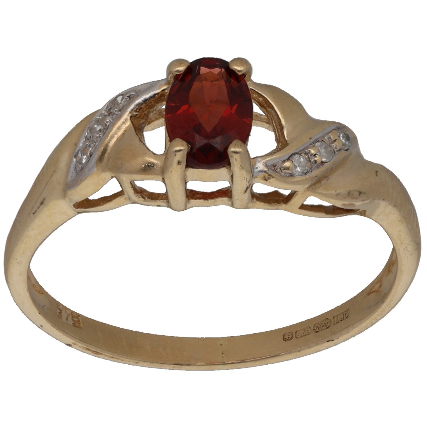 9ct Gold Round Garnet & 0.03ct Diamond Single Stone Ring With Accents Size O