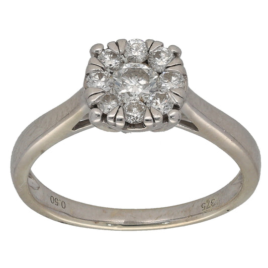 9ct White Gold 0.50ct Diamond Cluster Ring Size M