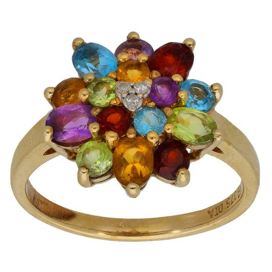 9ct Gold Garnet, Citrine, Peridot, Amethyst, Topaz & 0.015ct Diamond Dress/Cocktail Ring Size L
