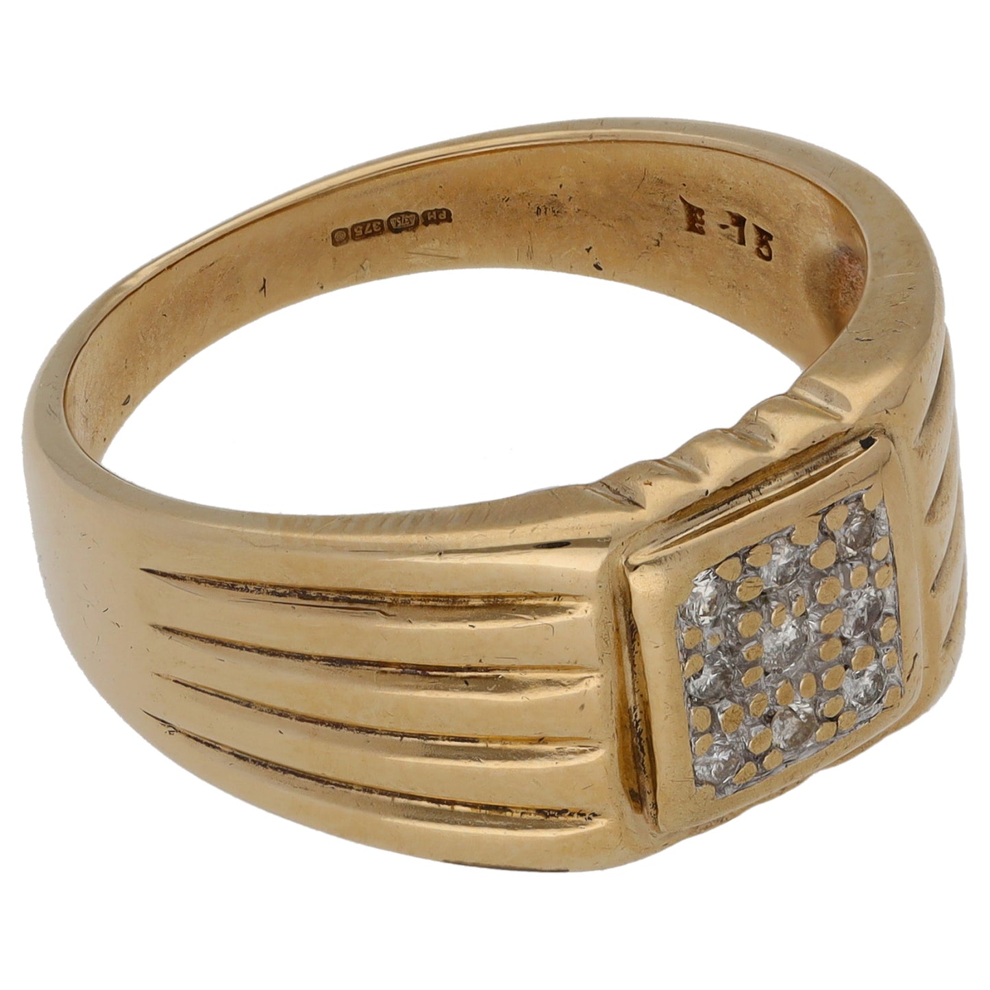 9ct Gold 0.15ct Diamond Patterned Signet Ring Size W