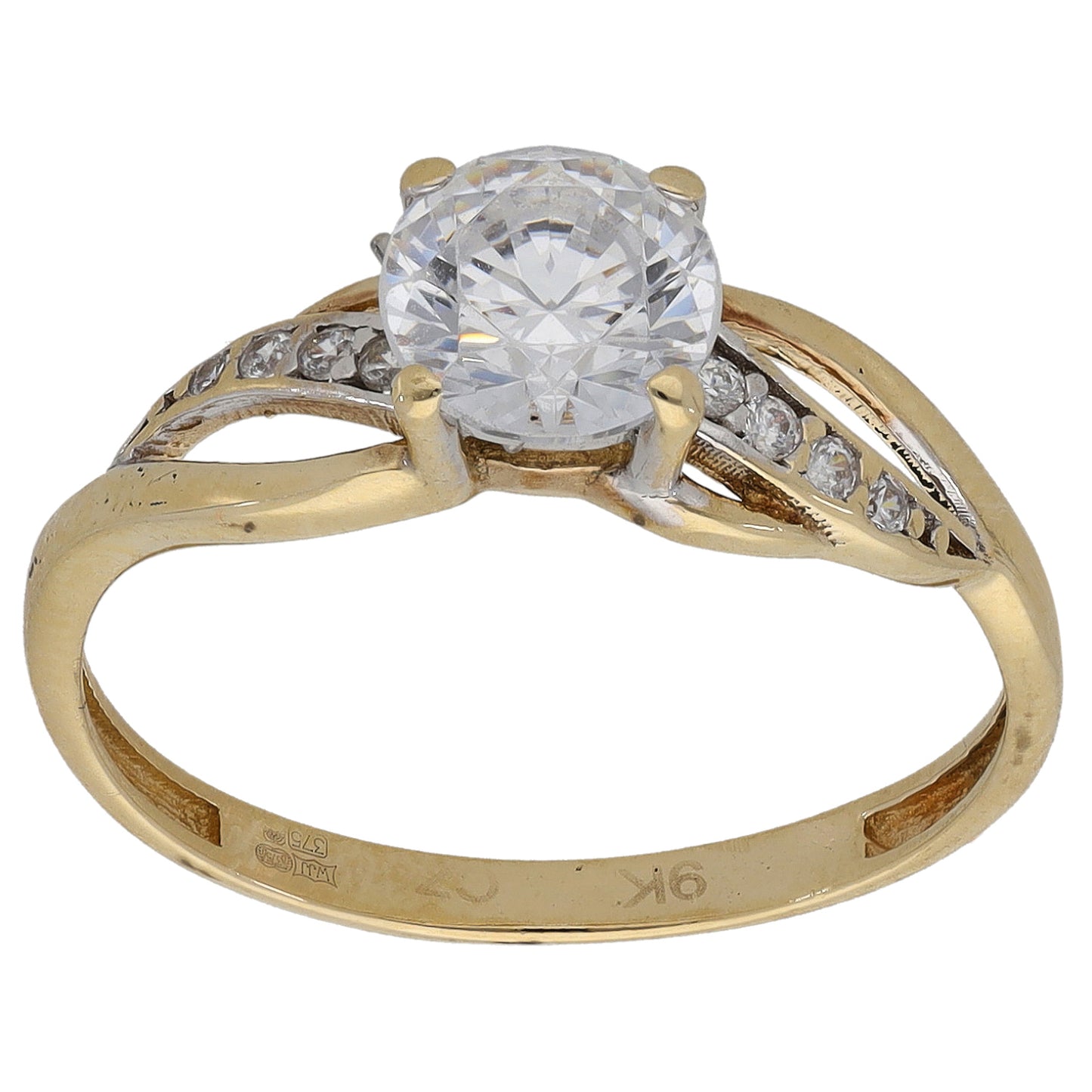 9ct Gold Cubic Zirconia Single Stone Ring with Accent Stones Size P