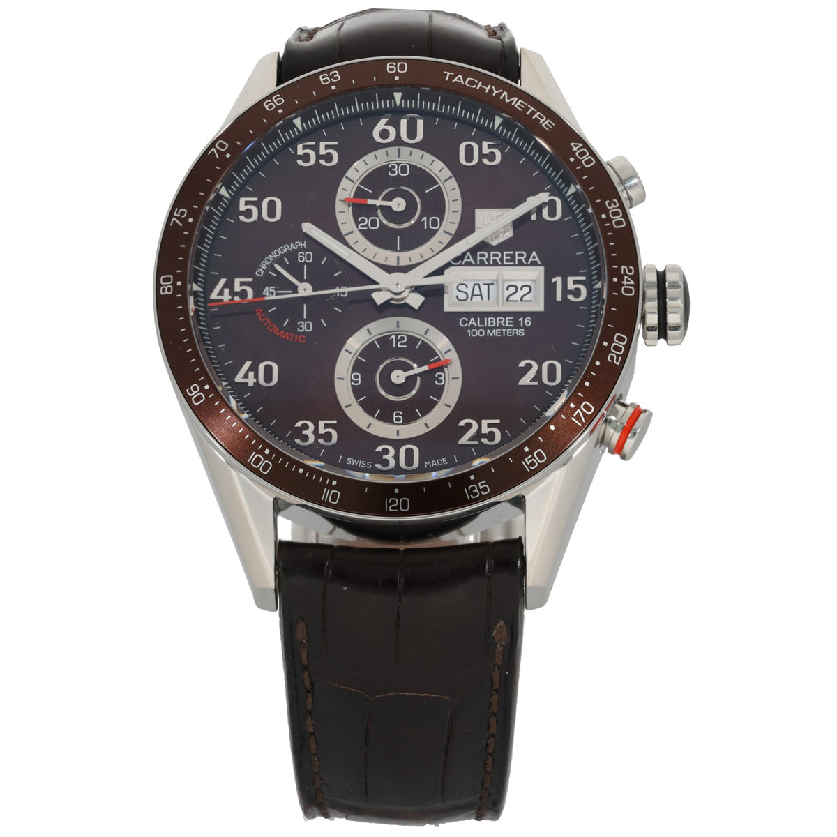 Tag Heuer Carrera CV2A12-1 , brown dial with tachymetre inside 43mm stainless steel case, with adjustable leather bracelet