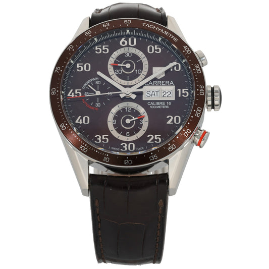 Tag Heuer Carrera CV2A12-1 , brown dial with tachymetre inside 43mm stainless steel case, with adjustable leather bracelet