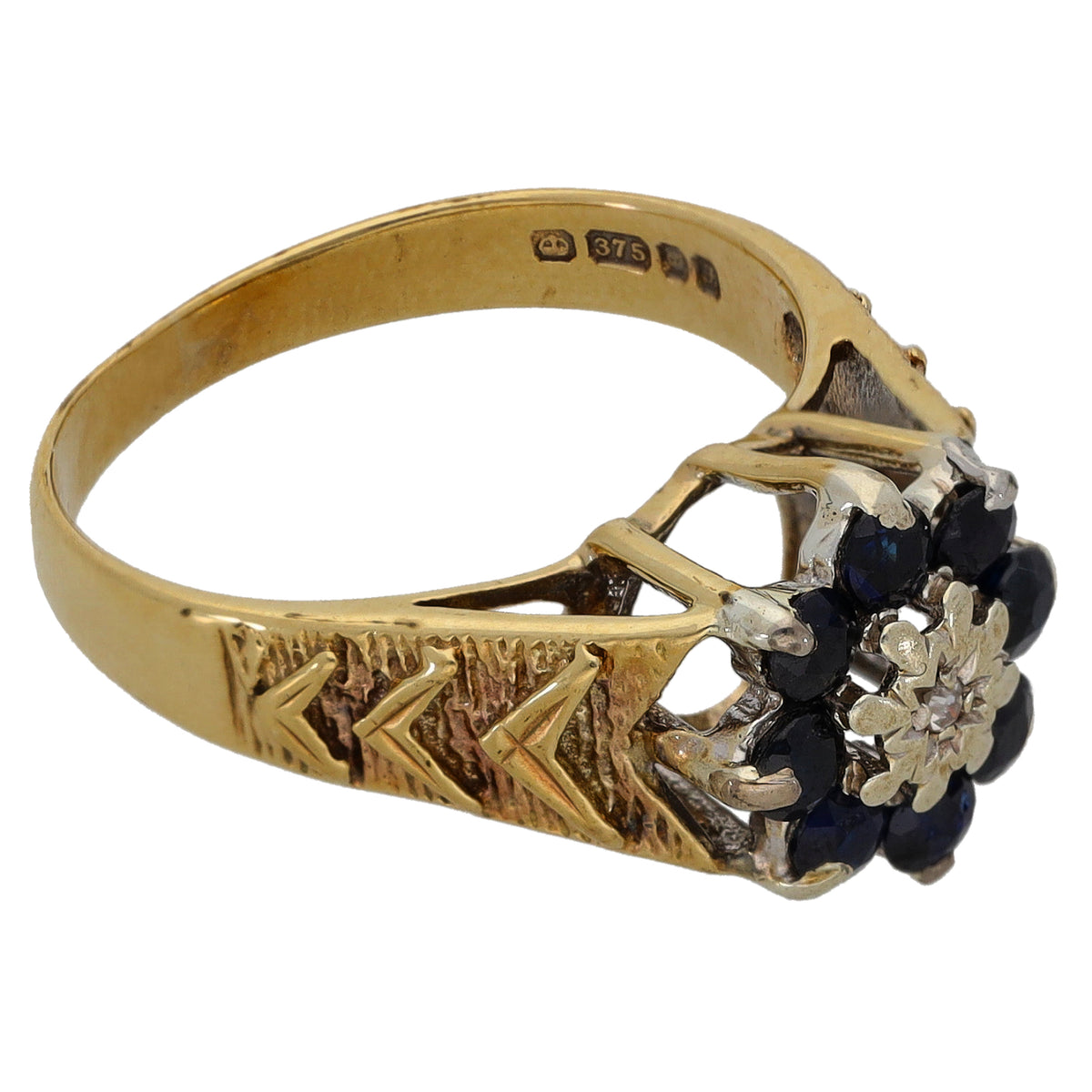 9ct Gold Sapphire & 0.005ct Diamond Cluster Ring Size L