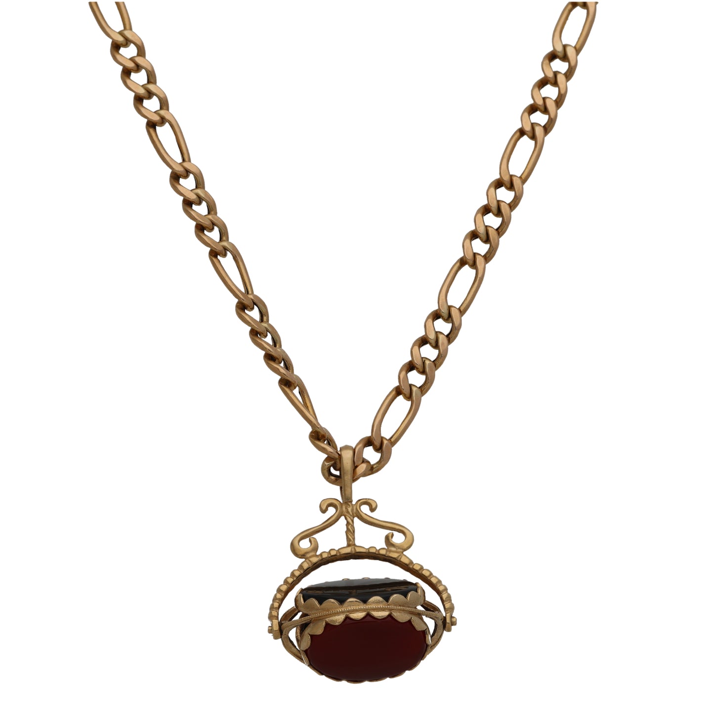 9ct Gold Bloodstone, Onyx & Carnelian Fob Pendant With Chain