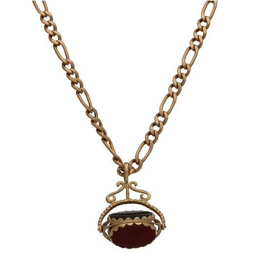 9ct Gold Bloodstone, Onyx & Carnelian Fob Pendant With Chain