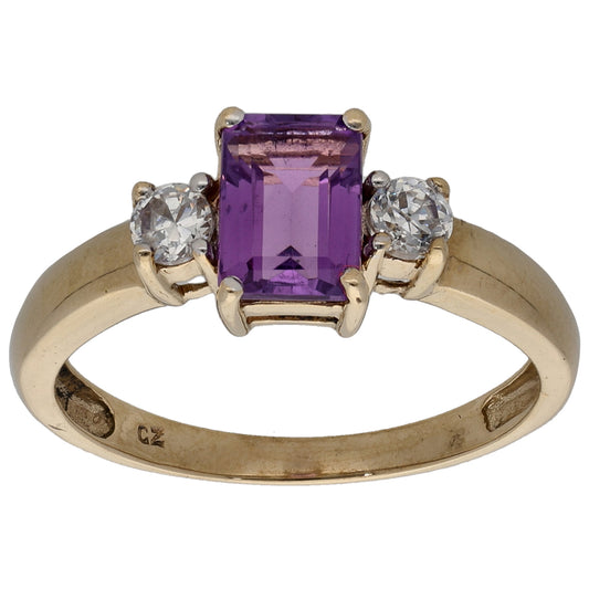9ct Gold Amethyst & Cubic Zirconia Trilogy Ring Size O