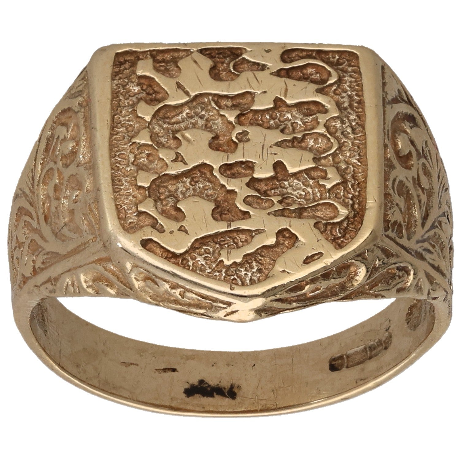 9ct gold crest signet ring with shield emblem, textured face, size S