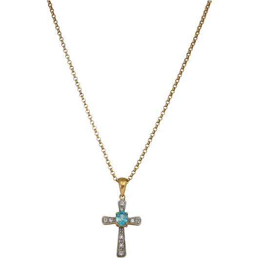 9ct Gold Zircon & Cubic Zirconia Cross Pendant With Chain