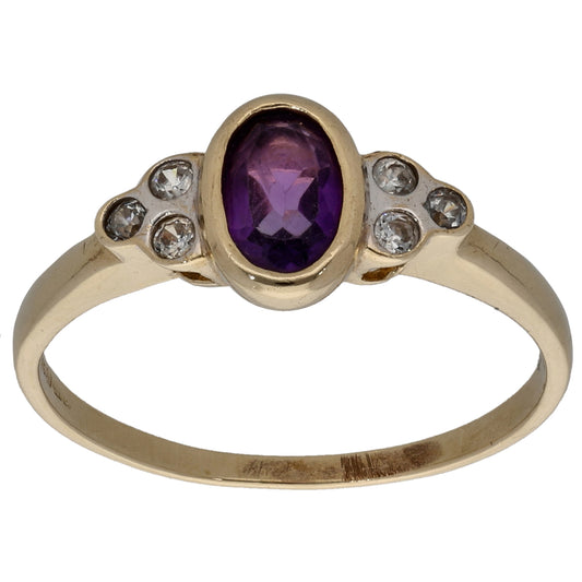 9ct Gold Amethyst & Cubic Zirconia Dress/Cocktail Ring Size M