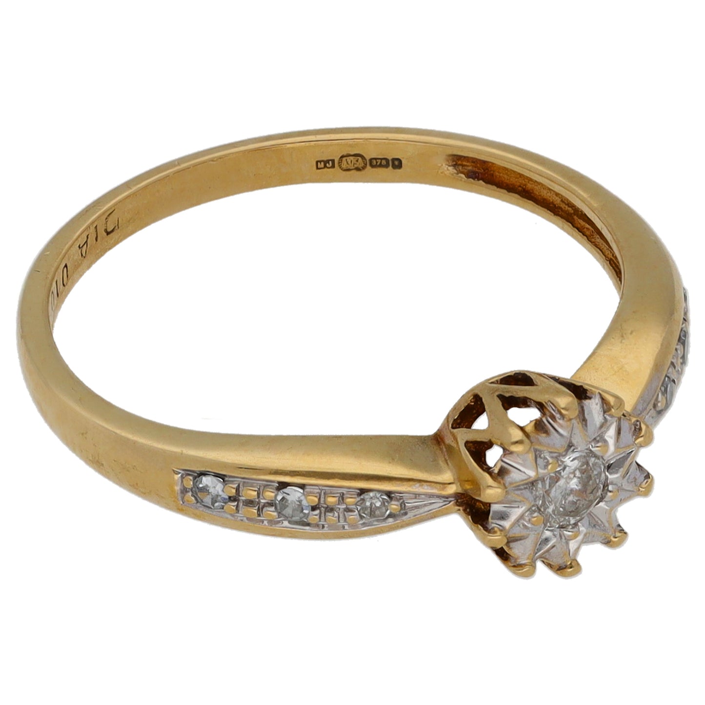 9ct Gold 0.10ct Diamond Solitaire Ring With Accent Stones Size K