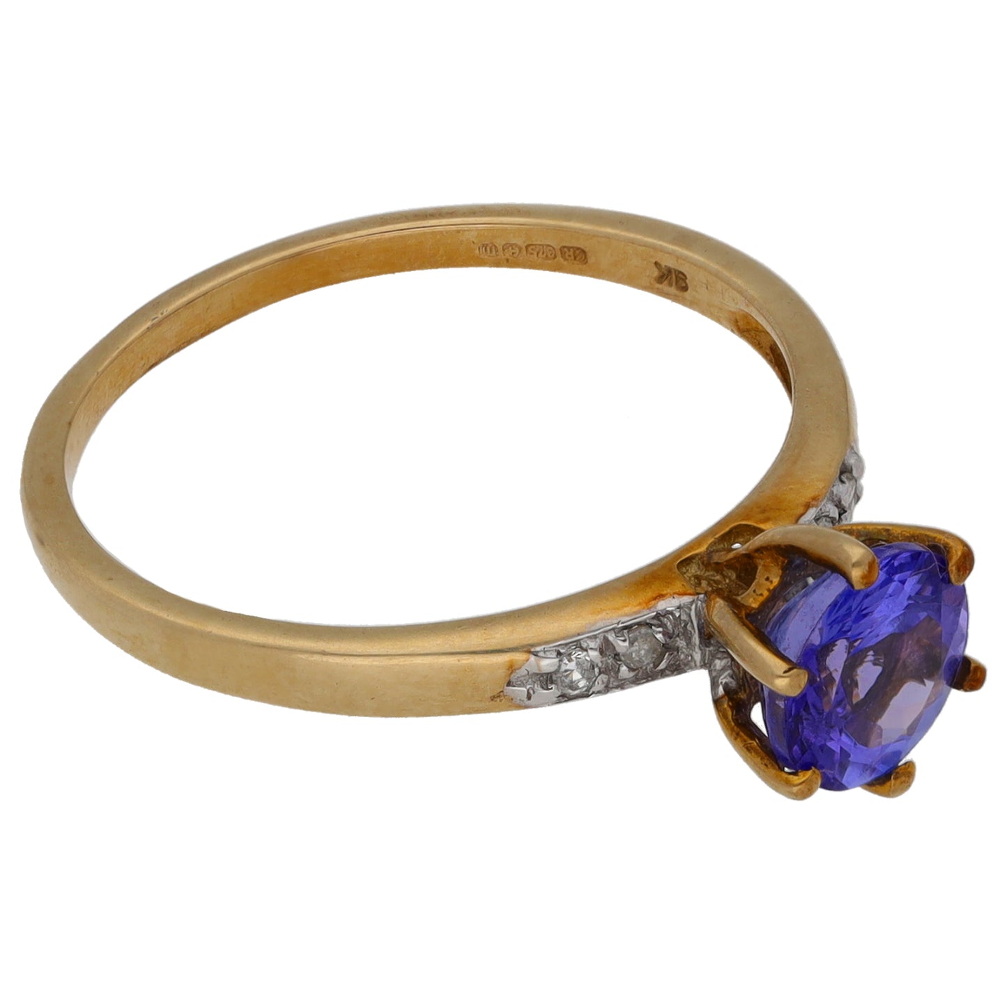 9ct Gold Tanzanite & 0.04ct Diamond Single Stone Ring with Accent Stones Size N