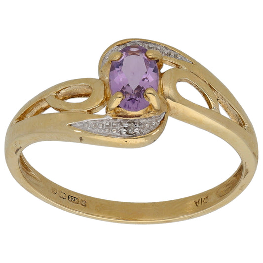 9ct Gold Amethyst & 0.01ct Diamond Dress/Cocktail Ring Size P