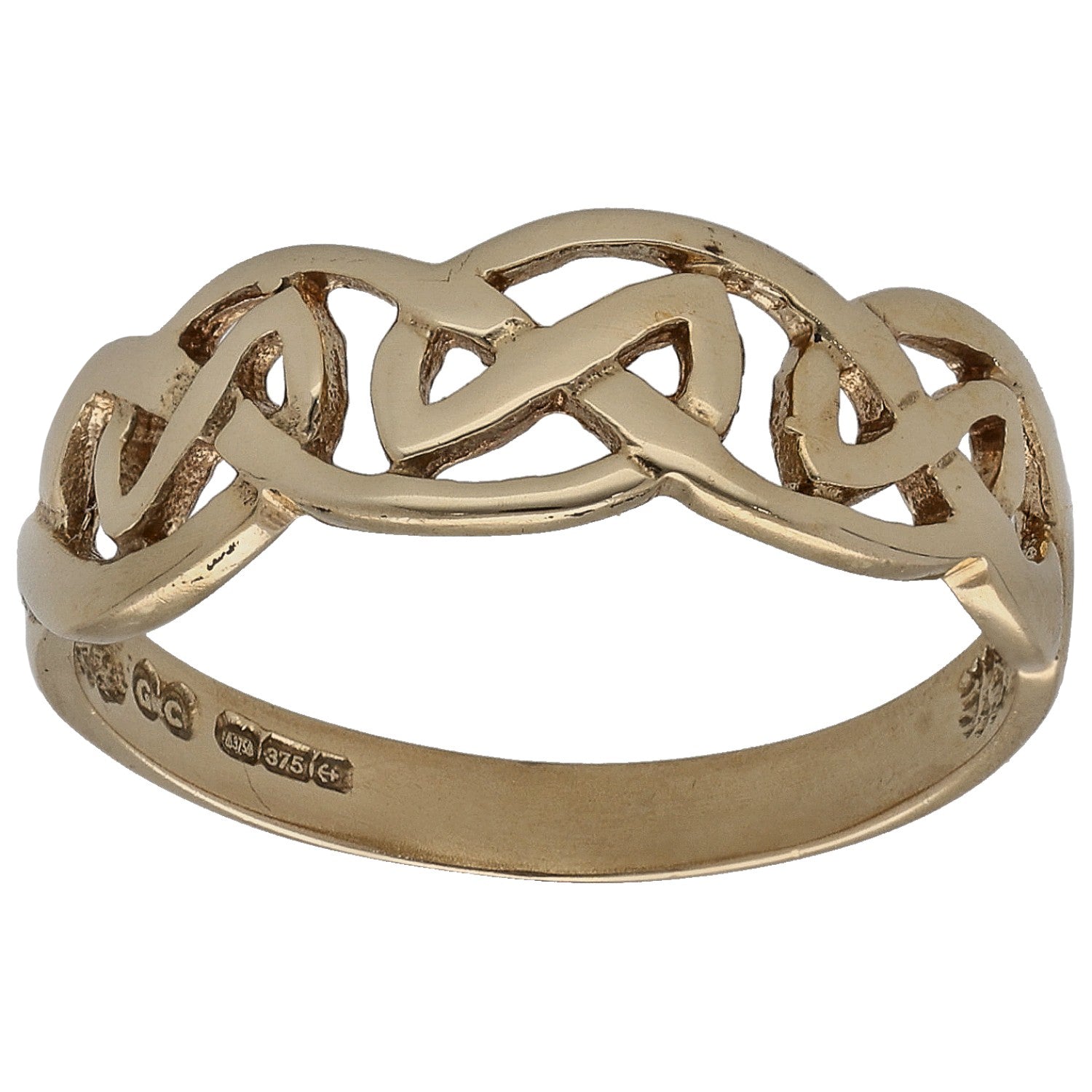 Gold alternative ring with interlaced Celtic-style band and cutout pattern, hallmarked