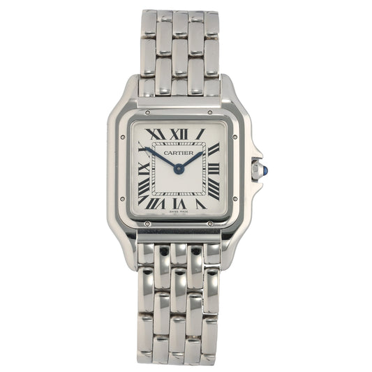 Cartier Panthere WSPN0007 stainless steel watch with square white dial and Roman numerals