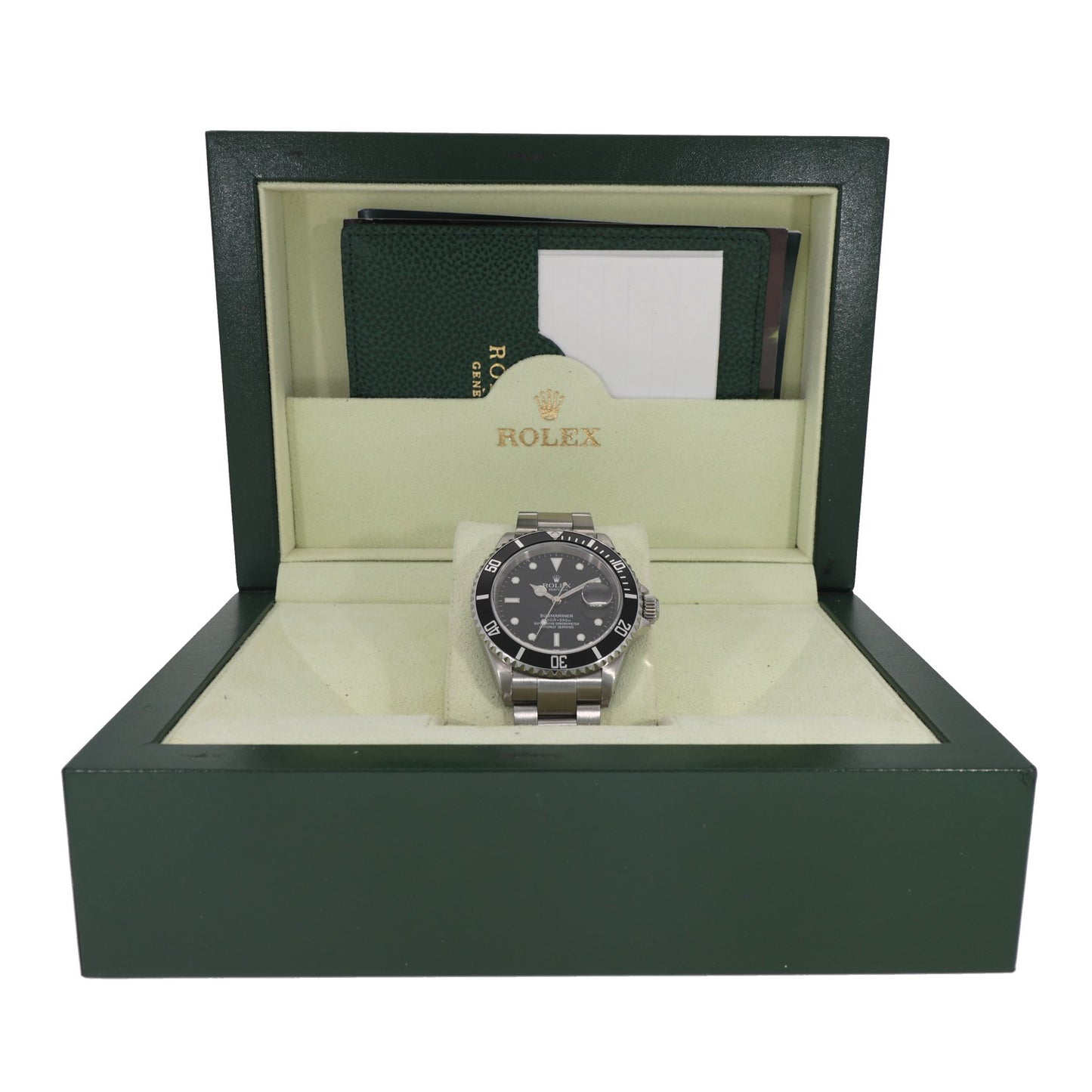 Rolex Submariner 16610, stainless steel, black dial with black bezel in green Rolex box