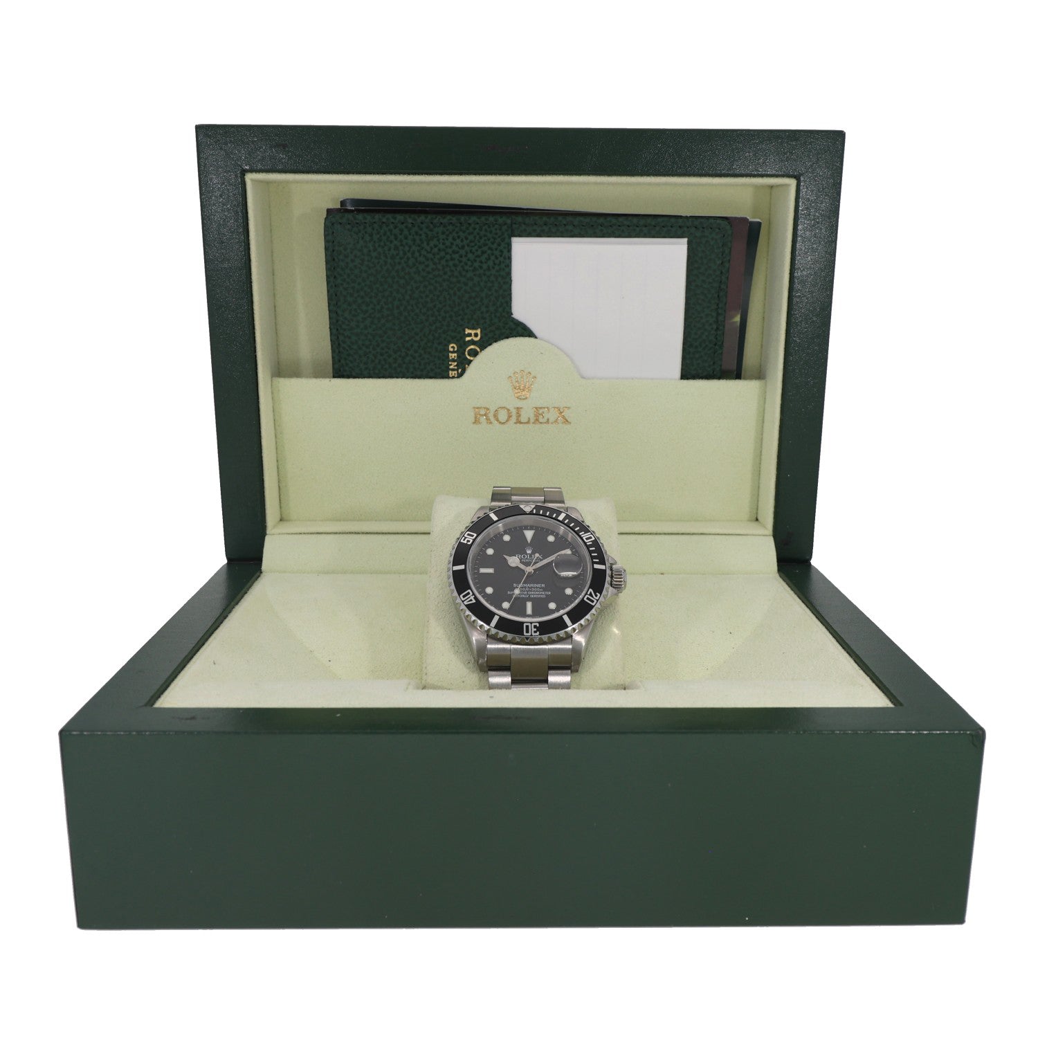 Rolex Submariner 16610, stainless steel, black dial with black bezel in green Rolex box