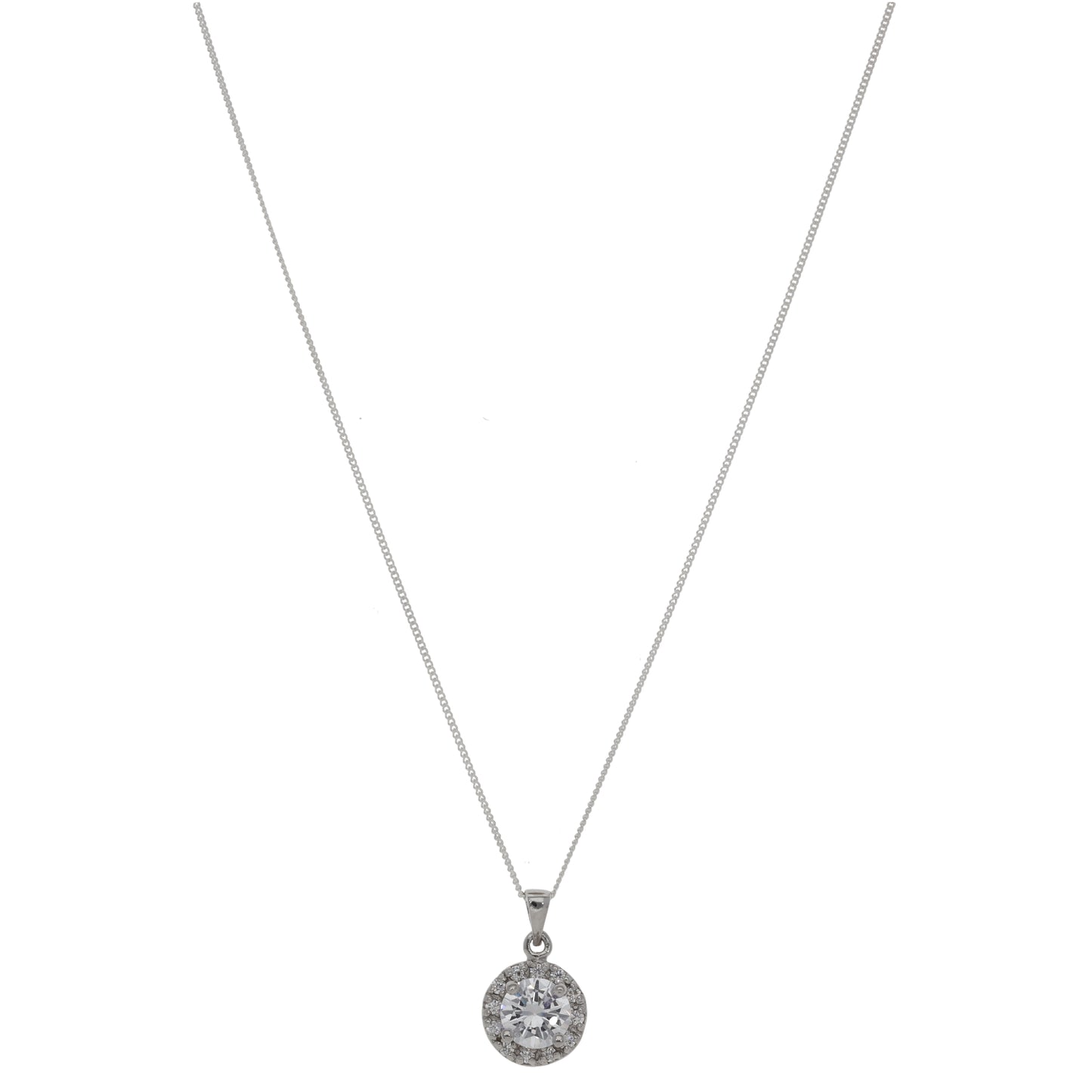 New Sterling Silver Cubic Zirconia Halo Pendant With Chain