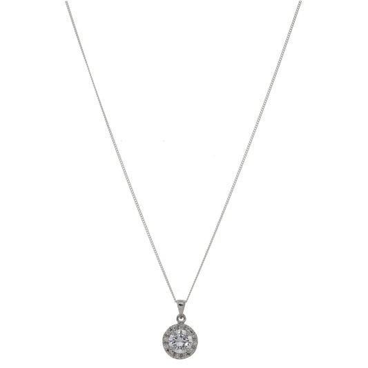 New Sterling Silver Cubic Zirconia Halo Pendant With Chain