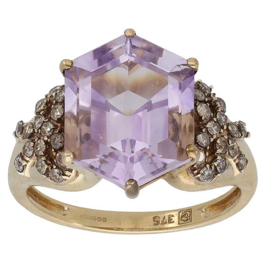 9ct Gold Amethyst & 0.30ct Diamond Dress/Cocktail Ring Size L
