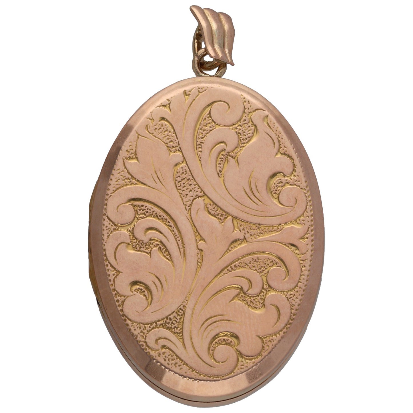 9ct gold patterned locket pendant, oval front with engraved scrollwork and hinged bail
