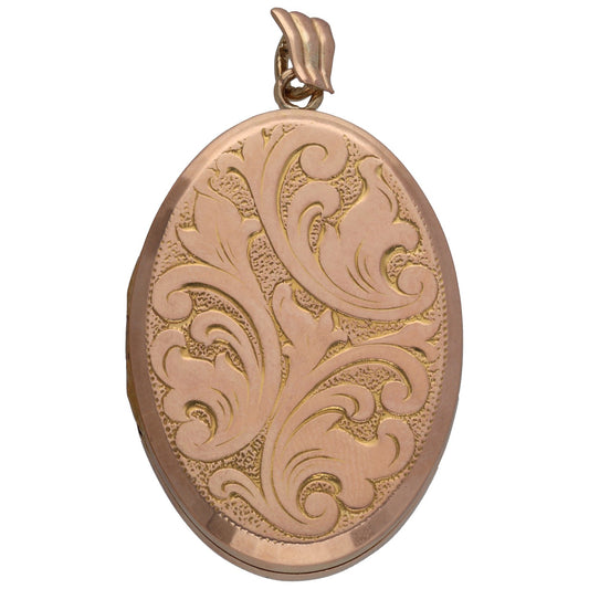 9ct gold patterned locket pendant, oval front with engraved scrollwork and hinged bail