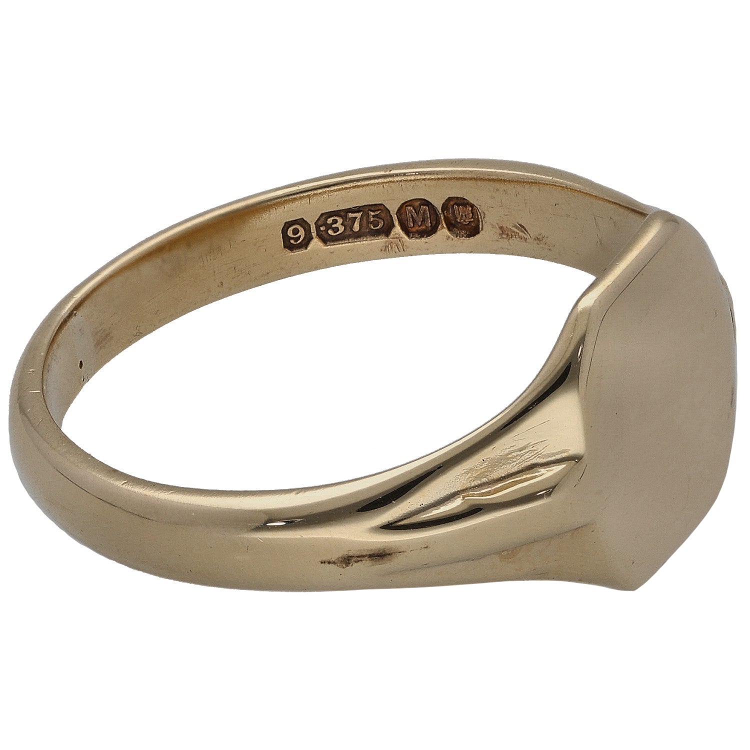9ct gold signet ring with smooth oval top; inside band shows stamped marks