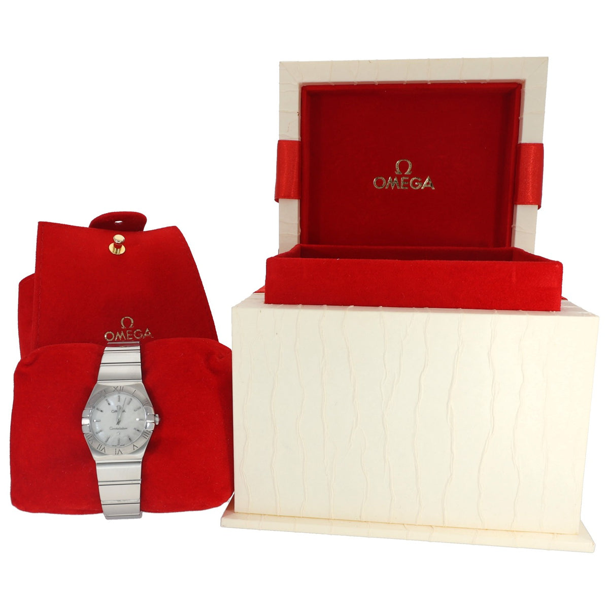 Stainless steel wristwatch with red Omega pouch and wooden display box