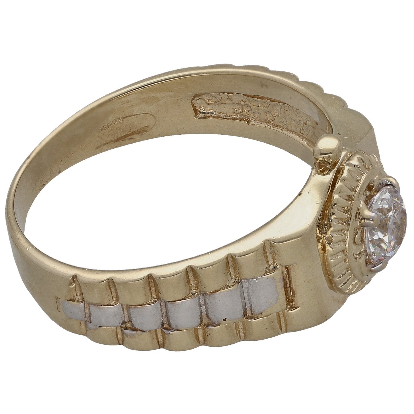 Gold-tone CZ ring with round side stone and alternating band segments
