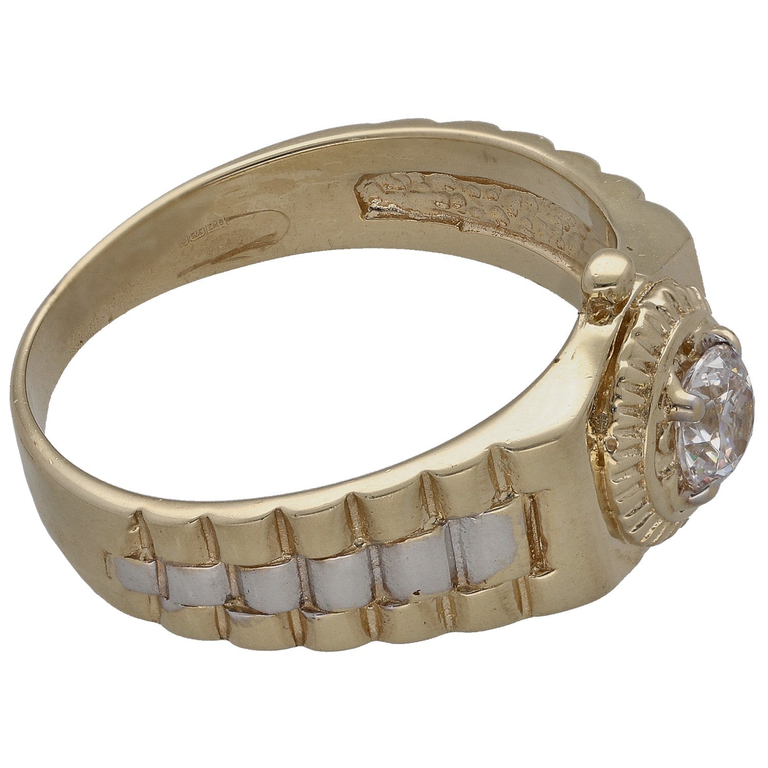 Gold-tone CZ ring with round side stone and alternating band segments
