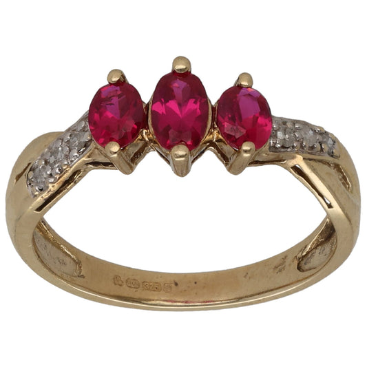 9ct Gold Man Made Ruby & 0.06ct Diamond Dress/Cocktail Ring Size L