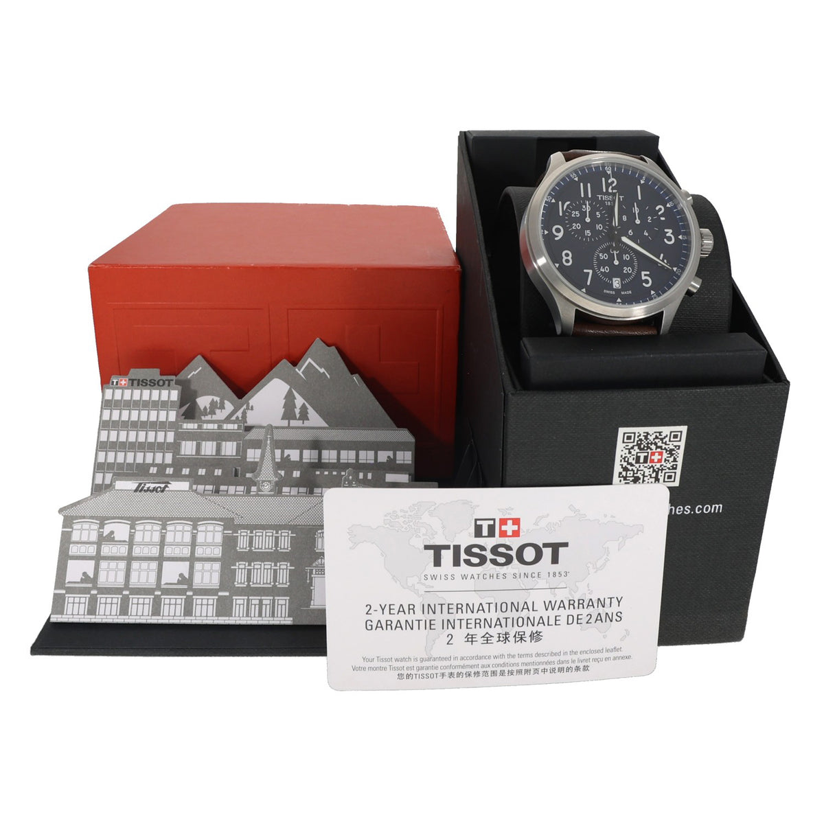 Tissot Chrono XL T116617A, blue dial watch with subdials in stainless steel case and adjustable brown leather bracelet, box image