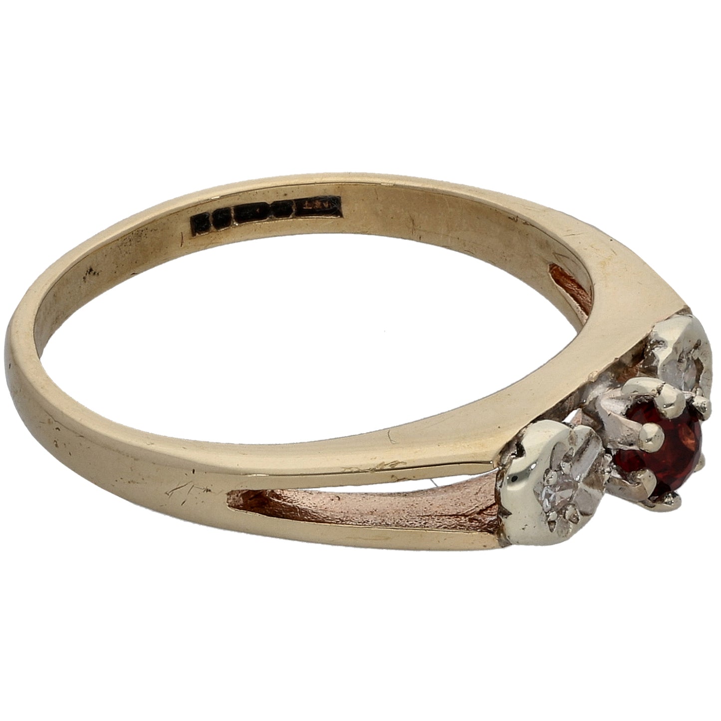 9ct Gold Garnet & 0.02ct Diamond Trilogy Ring Size N