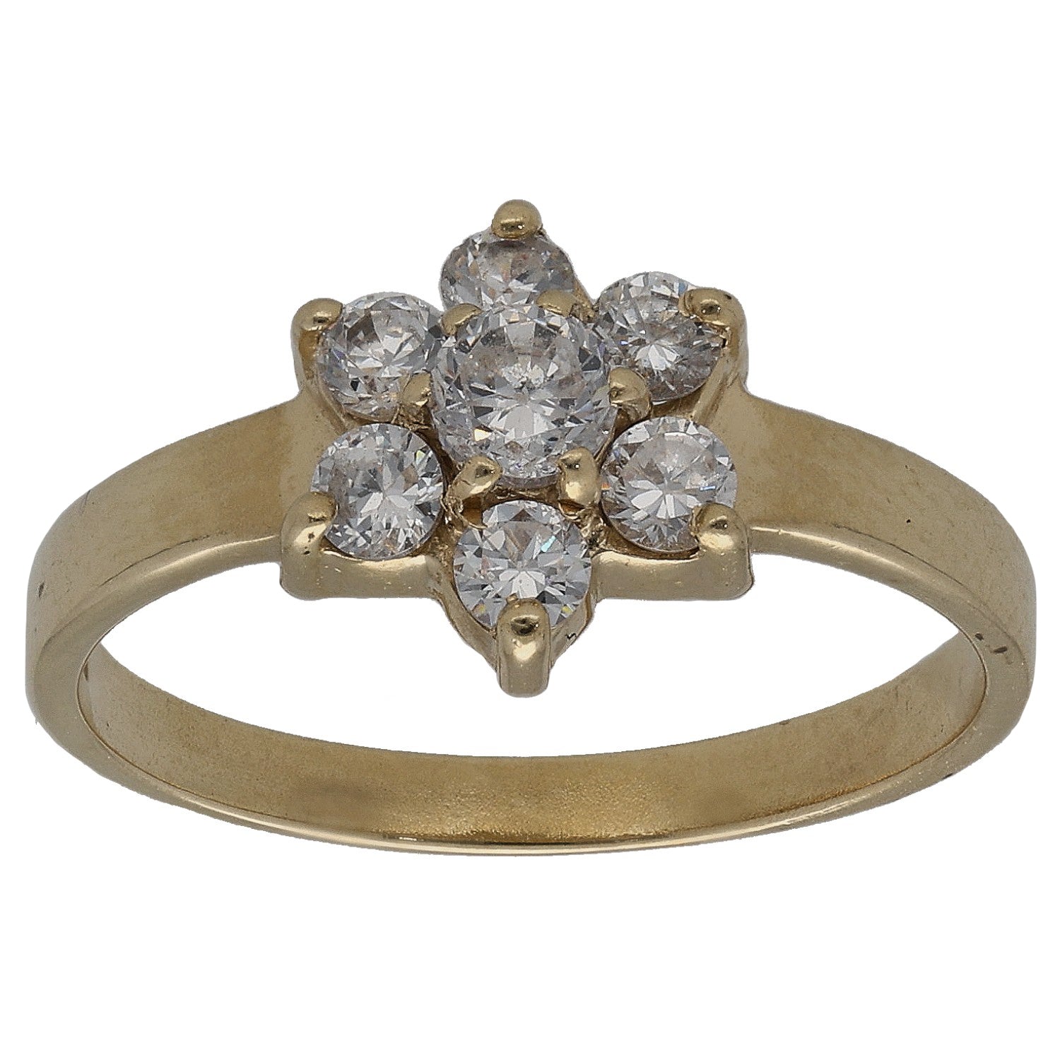 9ct gold-tone CZ cluster ring with five round clear stones in a flower setting