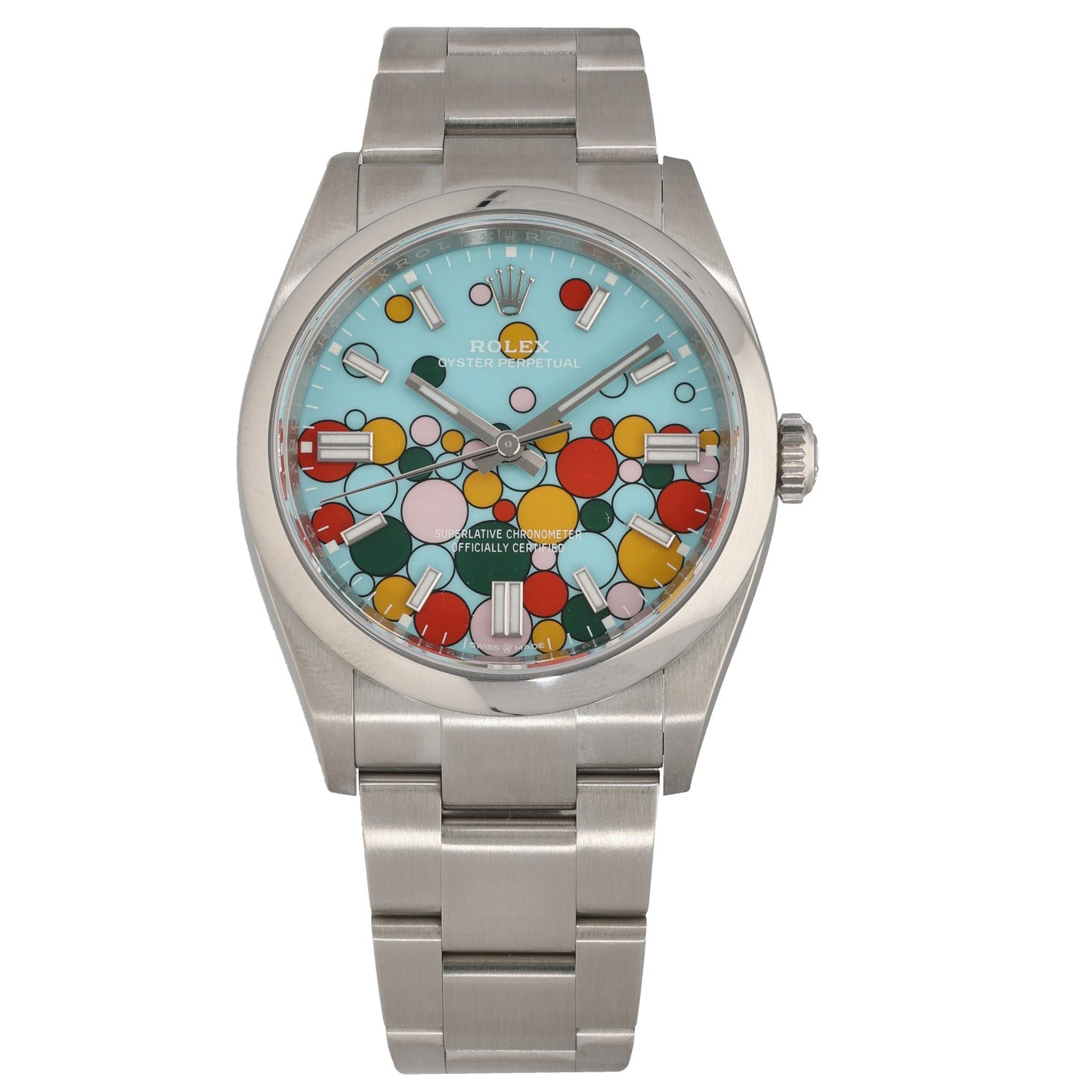 Stainless steel Rolex Oyster Perpetual 126000 35mm watch, colorful dial, link bracelet