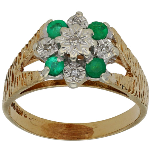 9ct Gold Emerald & 0.03ct Diamond Dress/Cocktail Ring Size P
