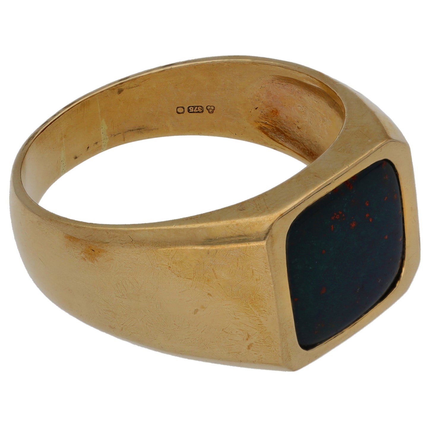 9ct Gold Bloodstone Single Stone Patterned Signet Ring Size X