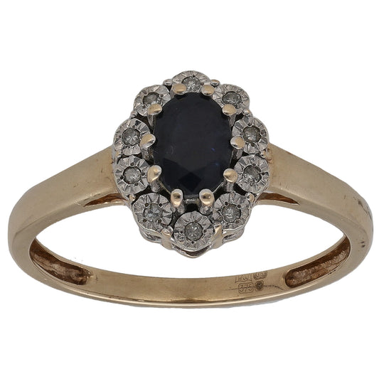 9ct gold solitaire ring with dark round center stone and round diamond halo accents
