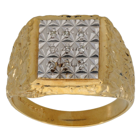Bicolour gold signet ring with square patterned face and small round diamonds
