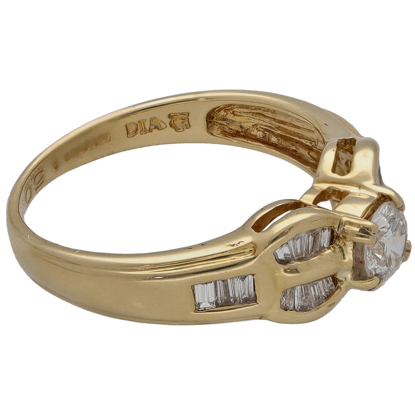 Yellow gold ring with round diamond solitaire, baguette accents on shoulders, prong setting