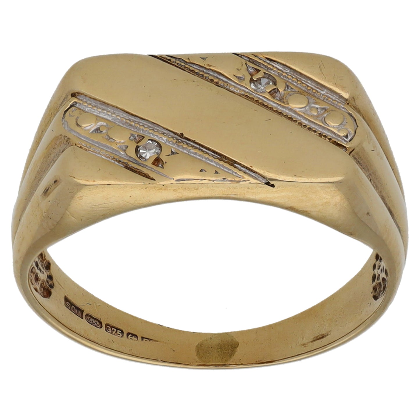 9ct Gold 0.01ct Diamond Patterned Signet Ring Size N